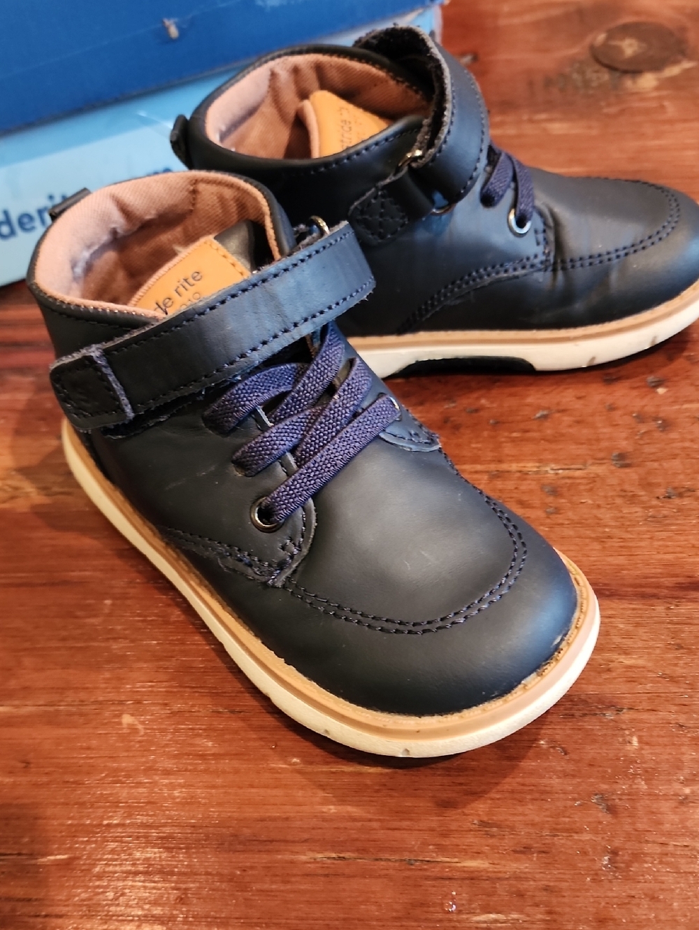 Stride Rite Navy Leather Kids Ankle Shoes with Tan Trim